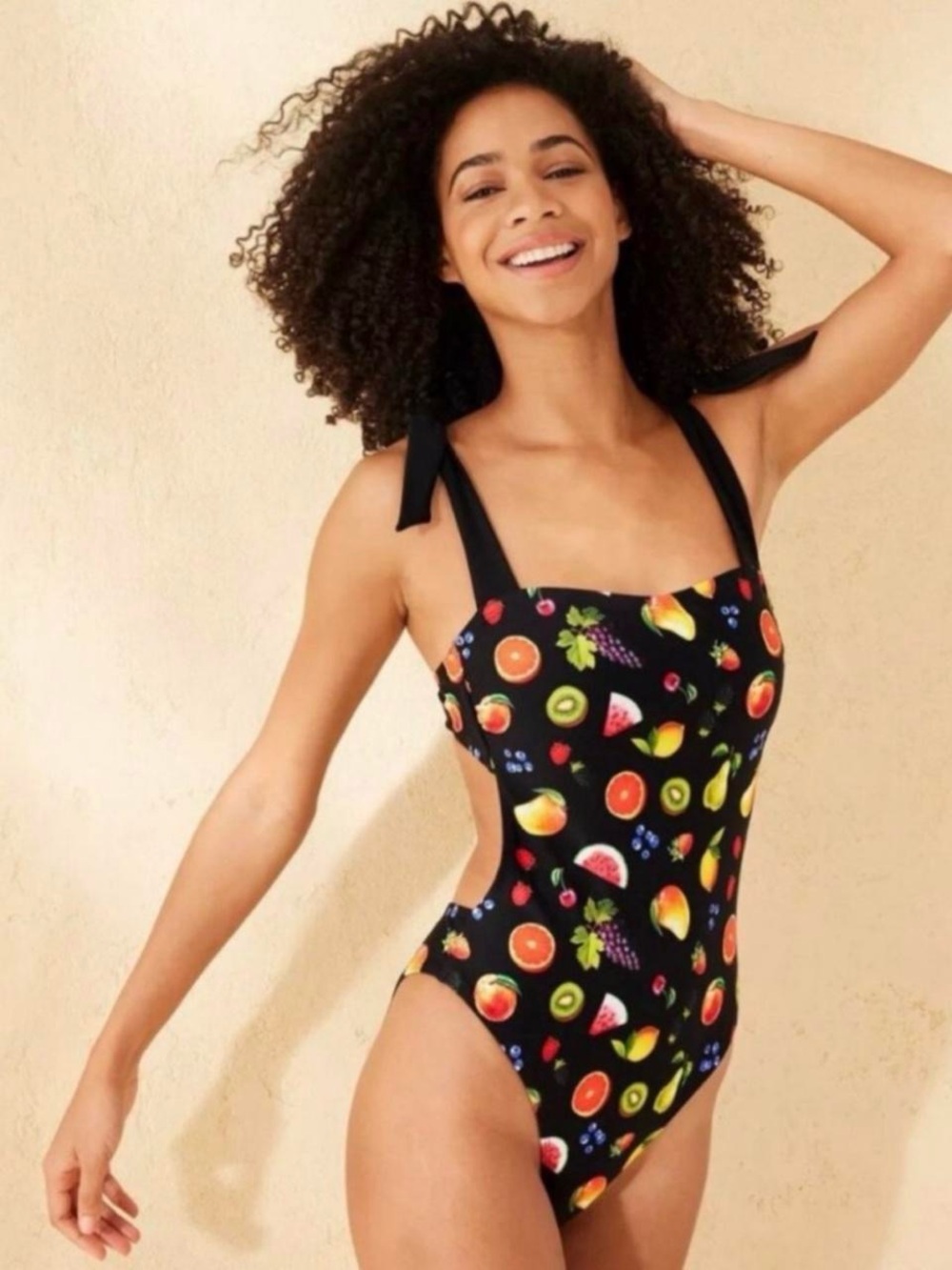wild fable Black Fruit-Print One-Piece Swimsuit with Tie Straps